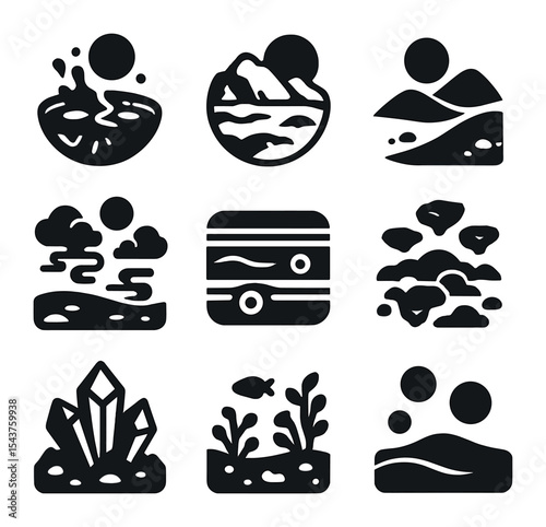 Sci-Fi Planet Icons. Solid, filled icons set of sci-fi planetary environments: lava lake world, ice-covered