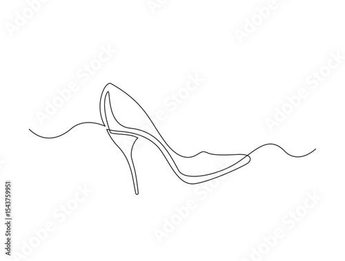 High heel in single line draw illustration. Continuous one line drawing of woman footwear. Editable stroke.