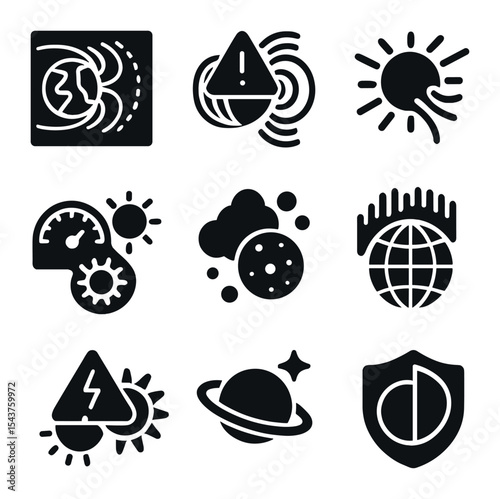 Cosmic Weather Icons. Solid, filled icons set of cosmic weather forecasting: space weather map, magnetosphere