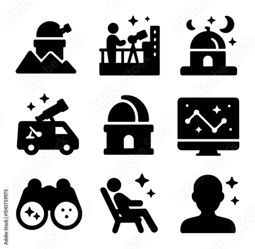 Stargazing Icons Collection. Solid, filled icons set of observatories and stargazing spots: mountain