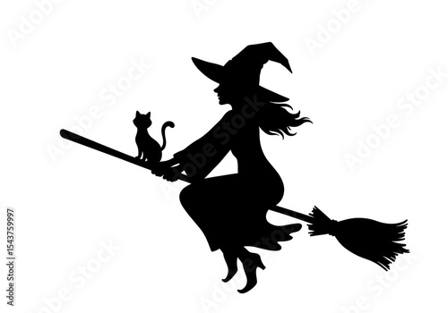 A black and white silhouette of a witch riding a broom, with a small cat perched on the broom handle