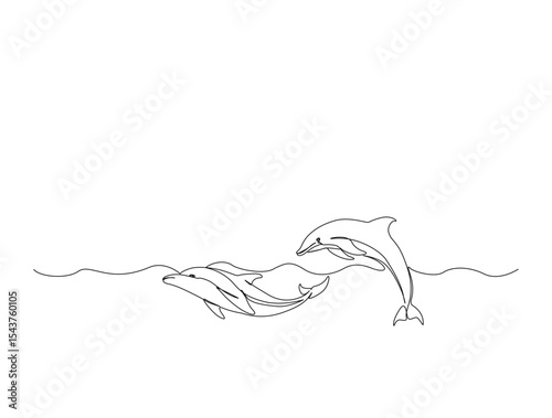 Bottlenose dolphins in single line draw illustration. Continuous one line drawing of dolphins fish. Editable stroke.