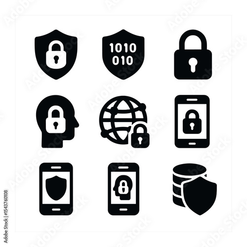 Mobile Security Icons. Solid, filled icons set of mobile security and privacy: secure icon, data shield, lock
