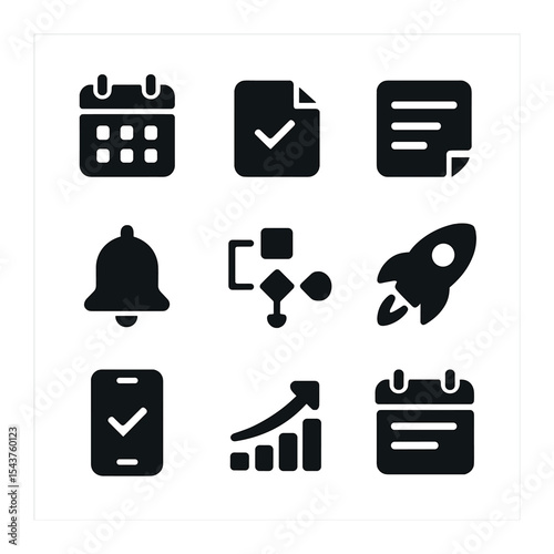 Productivity Tools Icons. Solid, filled icons set of mobile productivity tools: calendar icon, task icon, note