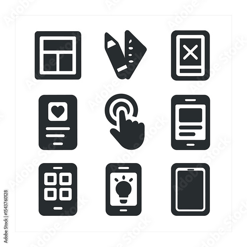 Mobile UX_UI Icons. Solid, filled icons set of mobile UX and UI design: wireframe icon, design icon, UX icon,