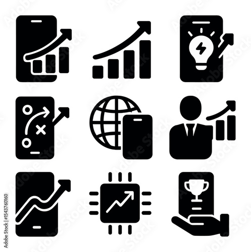 Mobile Growth Icons. Solid, filled icons set of mobile business growth and scaling: growth icon, upward chart,