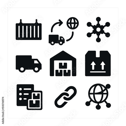 Global Supply Icons. Solid, filled icons set of global supply chain: container icon, route arrow, supply chain