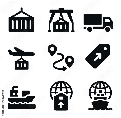 Logistics Icons Set. Solid, filled icons set of import and export logistics: shipping container, crane icon,
