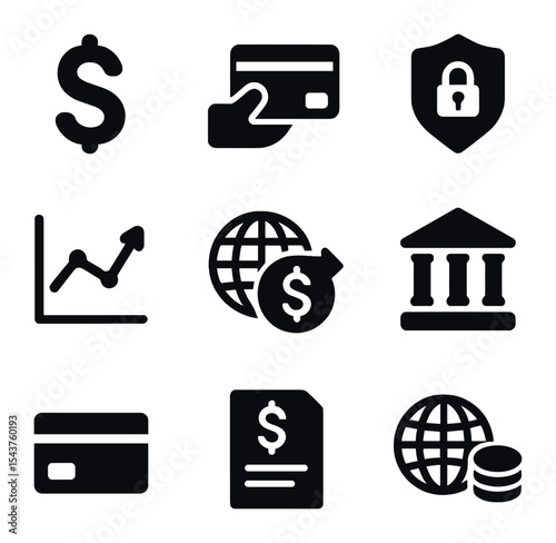 Trade Finance Icons. Solid, filled icons set of trade finance and transactions: dollar icon, payment icon,