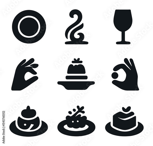 Gourmet Dining Icons. Solid, filled icons set of gourmet and fine dining creativity: fine plate, elegant swirl