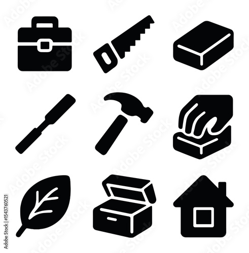 DIY Jewelry Box Icons. Solid, filled icons set of DIY wooden jewelry box crafting: tool icon, wood saw,