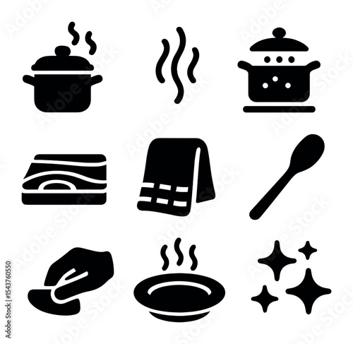 Cozy Kitchen Icons. Solid, filled icons set of cozy kitchen cooking: cozy pot, warm steam, gentle simmer,
