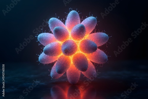 A rotating dodecahedron of living tissue and luminous circuits.
