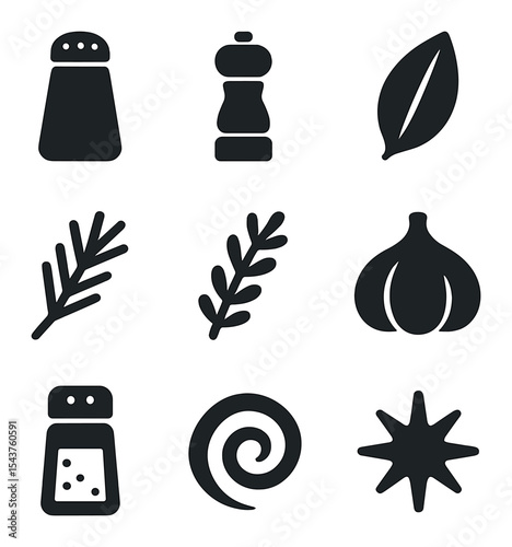 Stew Seasoning Icons. Solid, filled icons set of seasoning and flavors for stew: salt icon, pepper mill, bay
