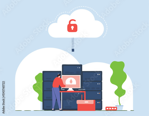 flat vector business technology cloud storage and cloud server service concept with administrator and developer working on workstation concept 
