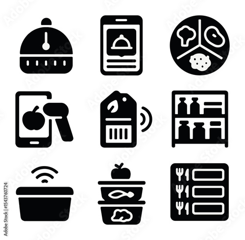 Kitchen Efficiency Icons. Solid, filled icons set of kitchen efficiency tools: cooking timer, recipe app, meal