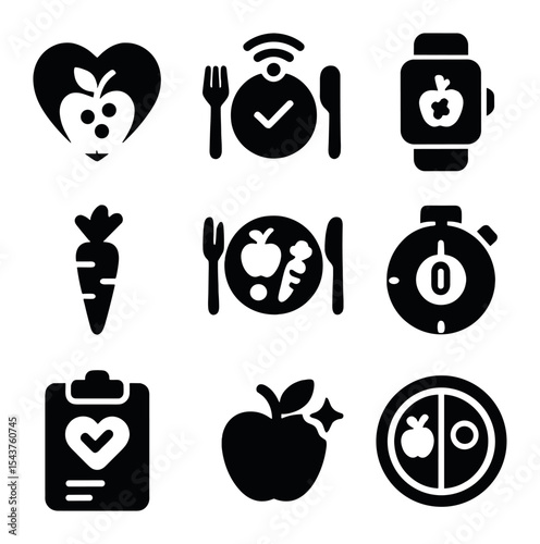 Smart Kitchen Icons. Solid, filled icons set of healthy eating in smart kitchens: nutrition icon, smart plate,