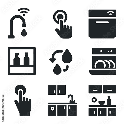 Smart Kitchen Icons. Solid, filled icons set of high-tech kitchen convenience: smart faucet, touch icon,