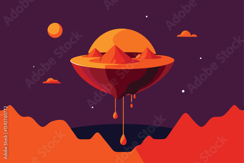 Floating desert island in space, with dripping substance and stylized mountains.
