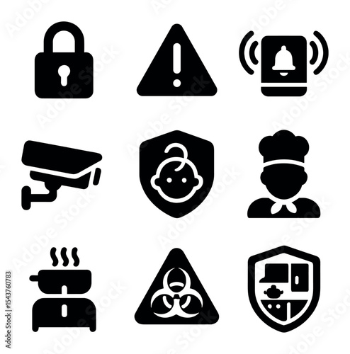Smart Kitchen Safety Icons. Solid, filled icons set of safety and security in smart kitchens: lock icon, alert
