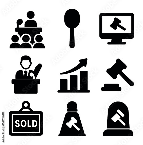 Auction Icons Set. Solid, filled icons set of auction house and bidding scene: auction room, bidding paddle,