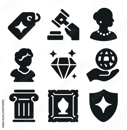 Luxury Art Icons. Solid, filled icons set of luxury and fine art sales: luxury tag, exclusive bid, elegant