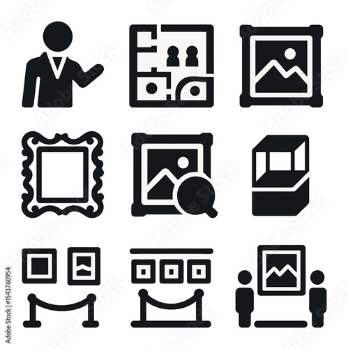 Art Curation Icons. Solid, filled icons set of art curation and gallery work: curatorial icon, gallery layout,