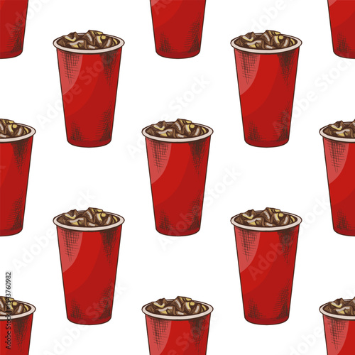 Hand drawn vintage seamless pattern of soda drink in red paper cup with ice, vector fast food background