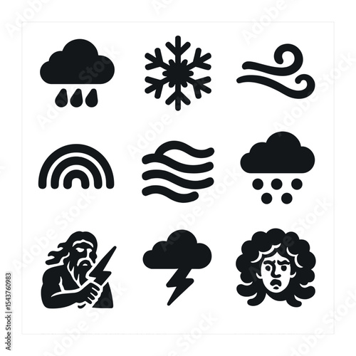 Weather Deities Icons. Solid, filled icons set of mythological weather deities: rain cloud, snowflake icon,