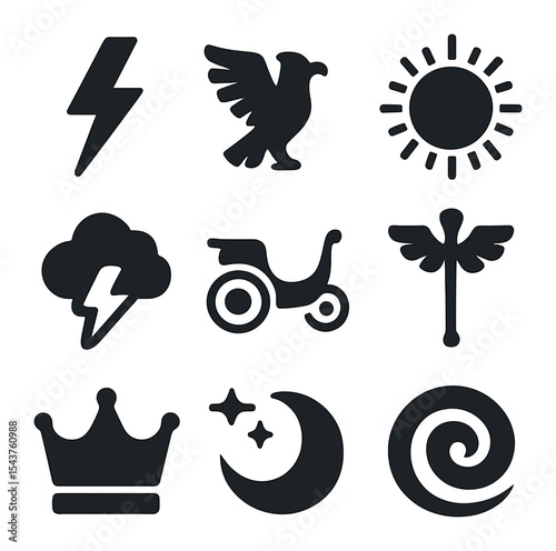 Ancient Sky Gods Icons. Solid, filled icons set of ancient sky gods: lightning bolt, eagle icon, sun disc,