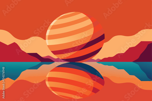 A stylized sunset over a calm body of water, with a large, striped orb reflecting perfectly.