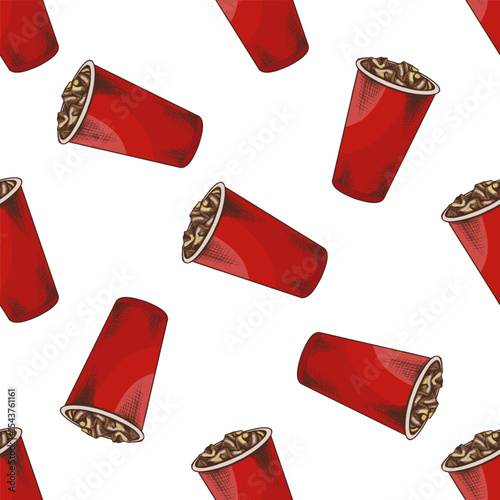 Hand drawn vintage seamless pattern of soda drink in red paper cup with ice, vector fast food background