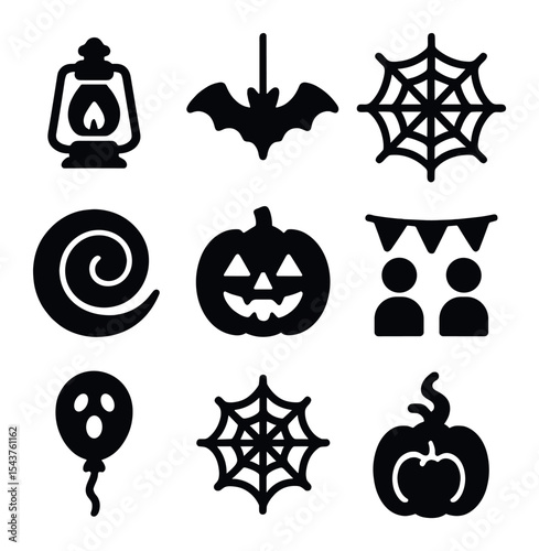 Halloween Party Icons. Solid, filled icons set of decorating for kids’ Halloween parties: spooky light,