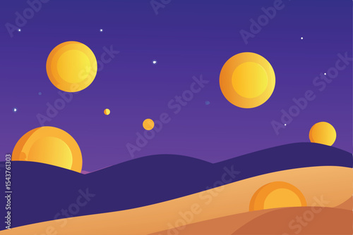 A stylized, night-time landscape with glowing, golden orbs floating above rolling hills.