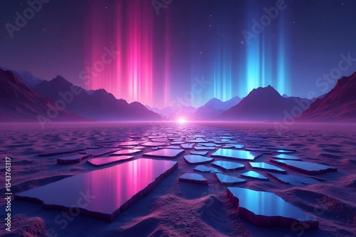 A desert made of broken mirror shards under a neon aurora.
