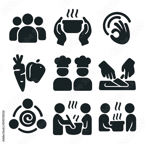 Group Cooking Icons. Solid, filled icons set of hands-on group cooking fun: group icon, shared pot, hand swirl