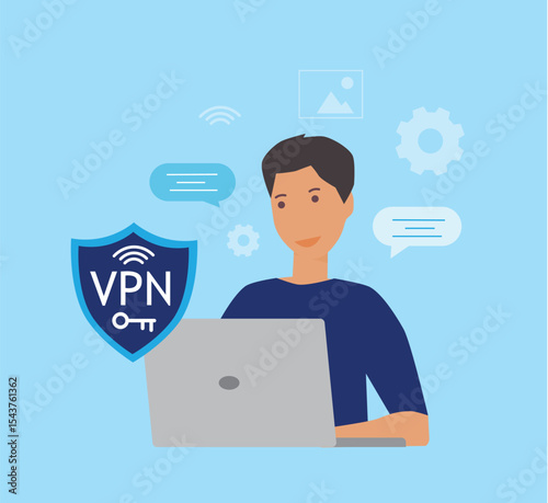 Man using a laptop with VPN. Virtual private network