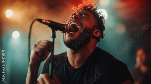 A passionate singer with intense emotions captivates the audience during a vibrant live concert, showcasing the power of music and vocal performance in an energetic atmosphere.