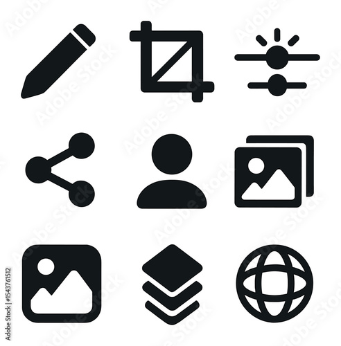Photo Editing Icons. Solid, filled icons set of photo editing and sharing: edit icon, crop icon, bright slider