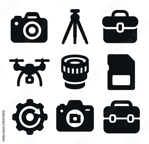 Photo Equipment Icons. Solid, filled icons set of photo equipment and gear: DSLR camera, tripod icon, camera