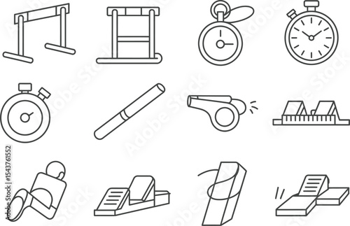 Outline drawing of track and field equipment and training accessories set