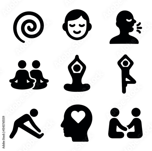 Mindful Workout Icons. Solid, filled icons set of healthy and mindful workouts together: mindful swirl, calm
