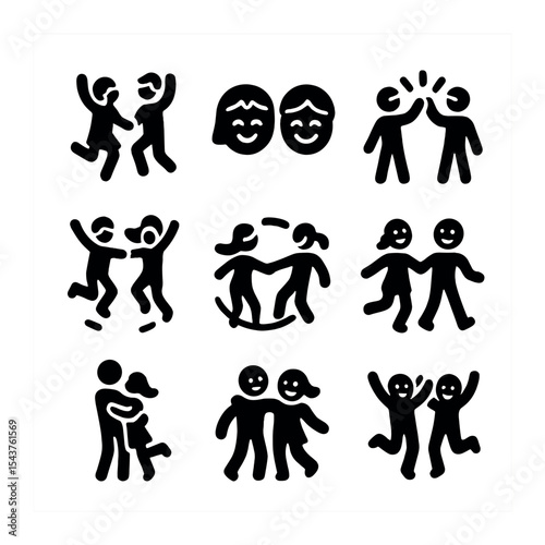 Playful Workout Icons. Solid, filled icons set of fun and playful partner workouts: playful jump, giggle icon,