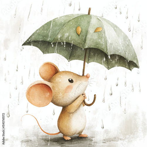 Adorable Mouse Holding Umbrella in Watercolor Rain Autumnal Scene
