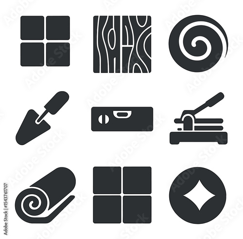 Flooring Icons Set. Solid, filled icons set of flooring and tiling projects: tile icon, wood floor, pattern