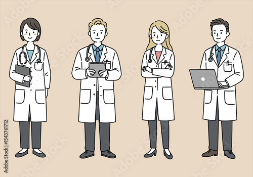 Cartoon vector illustration of professional medical team with doctor, nurse, and children standing in a hospital