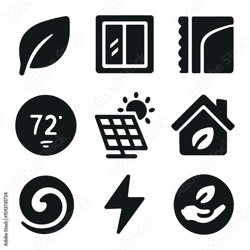 Eco Home Icons. Solid, filled icons set of energy-efficient home improvements: green leaf, window icon,