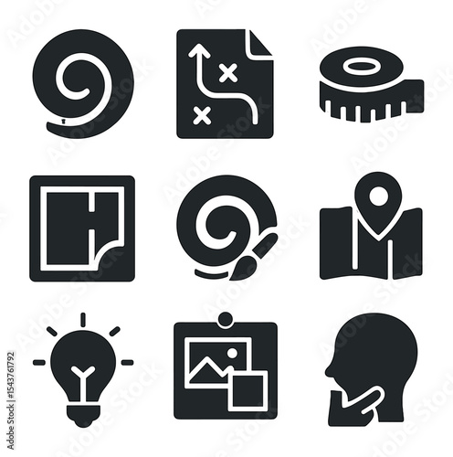 Design Planning Icons. Solid, filled icons set of design consultation and planning: design swirl, plan icon,