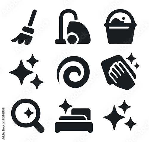Cleanup Icon Set. Solid, filled icons set of cleanup and finishing touches: broom icon, vacuum icon, cleaning