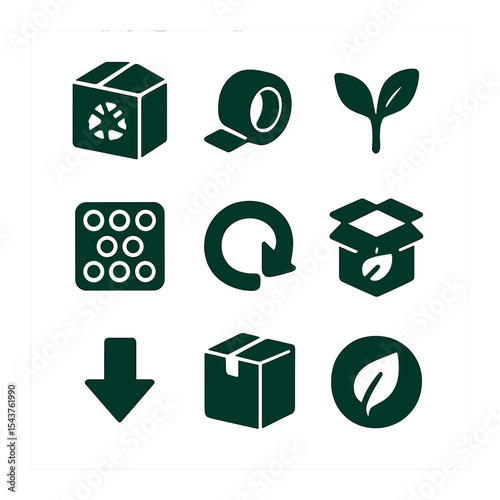 Eco Shipping Icons. Solid, filled icons set of eco-friendly shipping solutions: recycled box, paper tape,